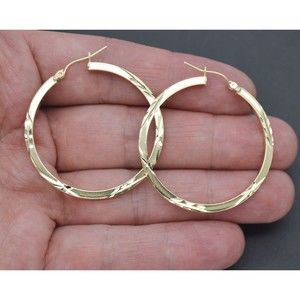 Real 10k Yellow Solid Gold Diamond Cut Shiny Big Large Hoop Earrings 40mm 3.1 gr